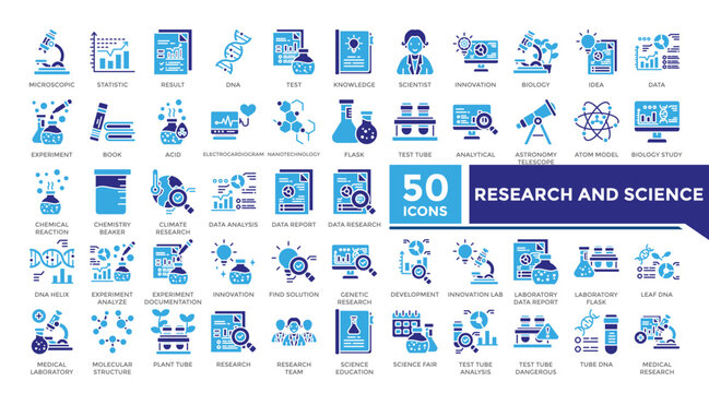 Research and science icon solid two color set collection. This set includes microscopic, result, scientific, analyze, dna, lab, data research and more icons. Vector icons collection for infographics - Powered by Adobe