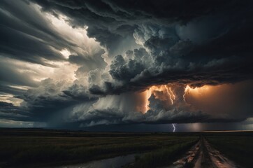 Dramatic Thunderstorm over Countryside, Rural Field, Storm Sky, Landscape Image

