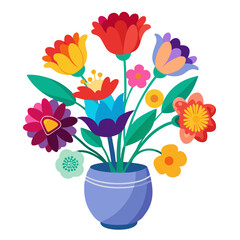 Colorful Floral Illustration Isolated Flowers in Vases with Red Green Blue Yellow Cyan and Magenta Accents