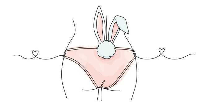  Bunny Ears Panties &mdash; Kinky Underwear with Fetish Appeal &mdash; One Line Doodle Drawing with Watercolor Style &mdash; Sexy Erotic Vector for 18+ Merch, Roleplay Sets and BDSM Catalogs