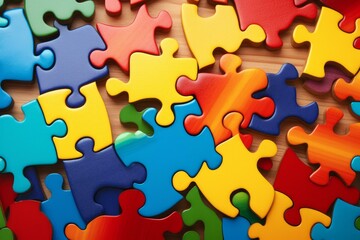 Vibrant puzzle pieces forming captivating patterns on a wooden background, symbolizing problem solving, strategy, and teamwork