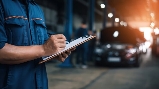 Mechanic Writing on Clipboard in Auto Repair Shop