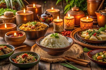 Warm candlelight illuminates a hearty meal on a rustic wooden table