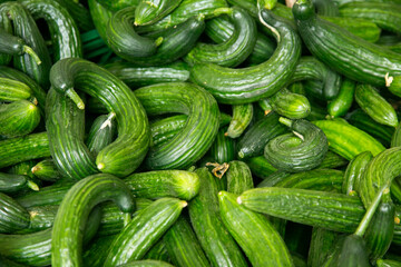 Image of green organic cucumbers at the Kreuzberg market in Berlin, Germany.