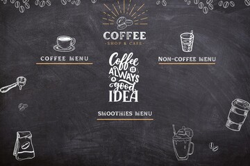 List menu on chalkboard. Hand writing drink menu on black background. New menu design template	