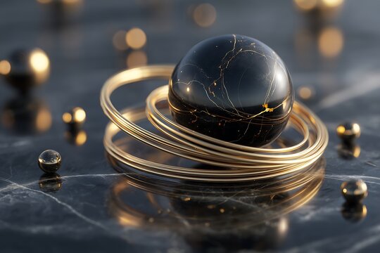 abstract background black ball and golden rings 3d wallpaper