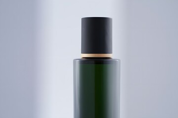 Obraz premium Minimalist dark green glass bottle with black cap and wood accent
