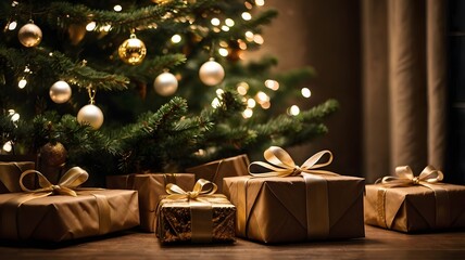 Beautifully wrapped christmas gifts beneath a twinkling decorated tree