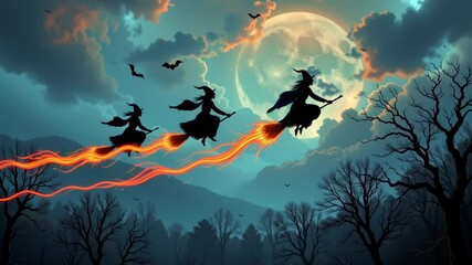Witch silhouette flying on broomstick with fiery trail under full moon in night sky with bats and witches flying on broomsticks in dark forest - Powered by Adobe