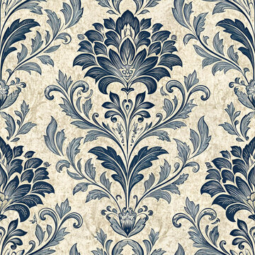 Elegant navy blue damask floral pattern on textured beige background