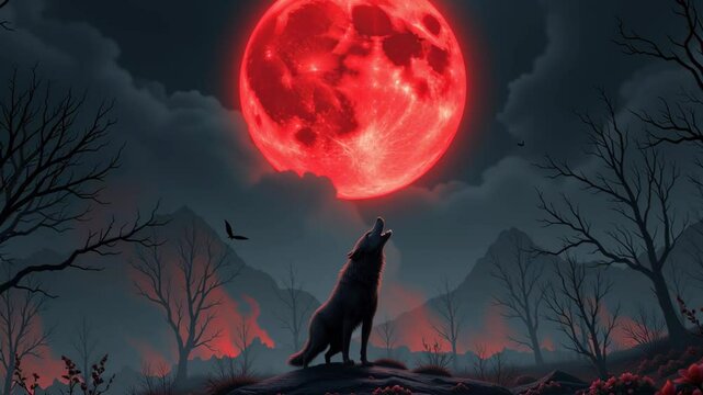 Halloween, Red full moon glowing over dark forest with howling wolf and bare trees eerie night sky and wolf howling red full moon dark forest with bare trees