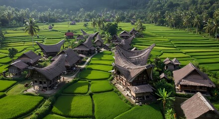 Aerial landscape view of a summer park with a golf course, rice fields, and city architecture under the sky