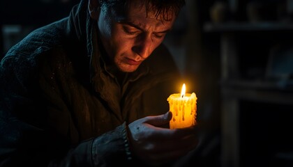 Man in Dark Room Holding Candle with Melting Wax and Deep Reflection