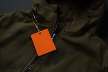 Close up of a green hooded jacket with an orange blank tag attached to the zipper
