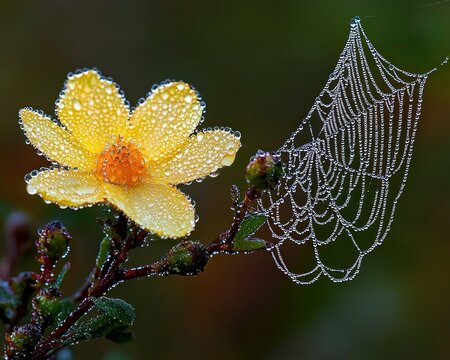 Dew-kissed flower and spiderweb.  A vibrant yellow flower, covered in dew drops, sits beside a delicate spiderweb, also glistening with morning dew.  Blurred background of out-of-focus foliage