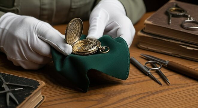 A watchmaker wearing gloves restores an antique pocket watch using precision tools on a wooden table, reflecting timeless craftsmanship.