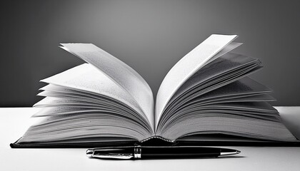 book is open on a table with a pen in black and white