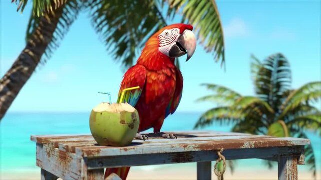 Scarlet Macaw on Tropical Beach with Coconut Drink A Vibrant Paradise