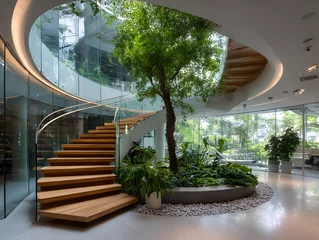 Fotobehang Trappen Contemporary office interior with a spiral staircase surrounded by lush greenery and a central tree, blending nature with modern design  © Rumi