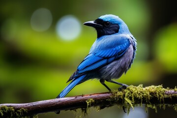 Fototapeta premium Close up of a vibrant turquoise jay perched on a mossy branch, showcasing its striking blue plumage against a blurred green backdrop