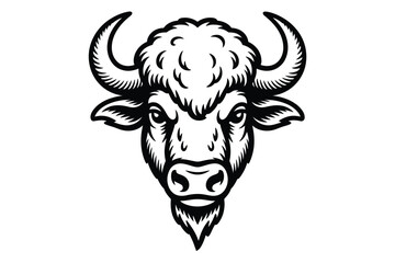 Fototapeta premium Black and white illustration of a bison head facing forward with horns and fur