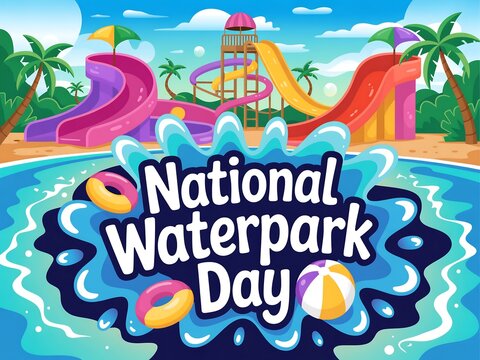 Illustration of a waterpark with slides, pool, and text celebrating national day