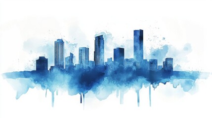 Fototapeta premium Peaceful city skyline digital illustration with watercolor background & grid-like Abstract cityscape painting blue