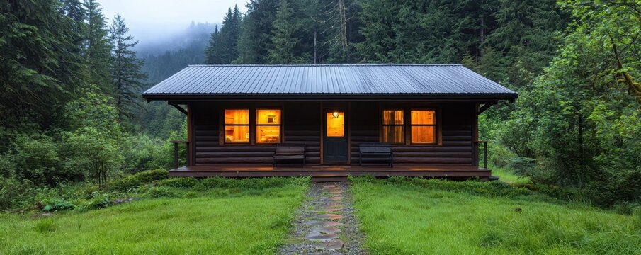 A cozy wooden cabin with glowing windows sits in a lush green forest clearing surrounded by tall trees and misty hills.