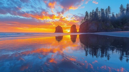 Dramatic sunset over a Pacific coast beach, with rock formations reflected perfectly in the calm water