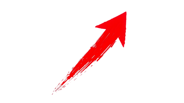 Vibrant red paint brush stroke upward arrow isolated on transparent background