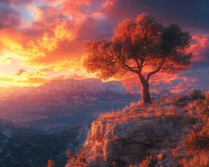 Dramatic sunset over mountain peak with lone tree