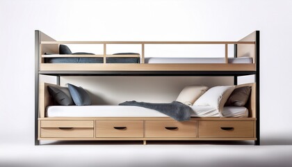a sleek space saving murphy bed with built in shelving isolated on a seamless white background