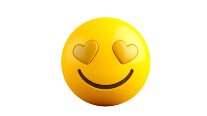3d yellow smiling emoji face with heart-shaped eyes isolated on transparent background