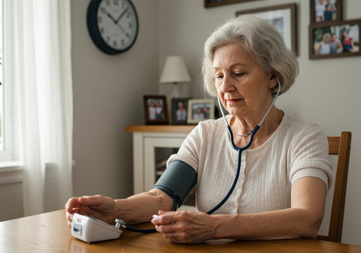 Elderly woman checking blood pressure at home with digital monitor