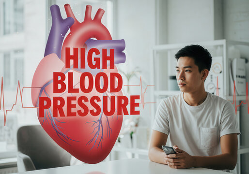 Young man with smartphone concerned about high blood pressure in medical setting