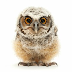 Fototapeta premium Frontal portrait of a fluffy spotted eagle owl chick staring intensely with its captivating orange eyes, isolated on a white background