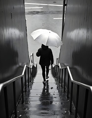 Monochrome image of a person with an umbrella walking down a wet staircase in the rain.