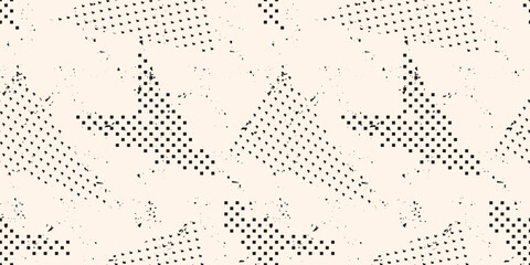 Abstract black and white grunge seamless pattern. Urban art texture with chaotic dirty shapes, dots, triangles, arrows. Monochrome halftone graffiti style vector background. Repeated design for print © Olgastocker