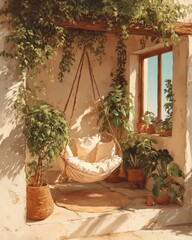 Serene sun-drenched patio corner, hanging chair surrounded by plants