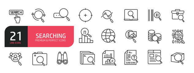 Set of line icons related to search, magnifying glass, research, zoom. Outline icons collection. Editable stroke. Vector illustration