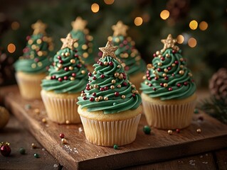 Festive Christmas tree cupcakes arranged on a wooden board, adorned with green frosting, gold and red sprinkles, and small gold star toppers
