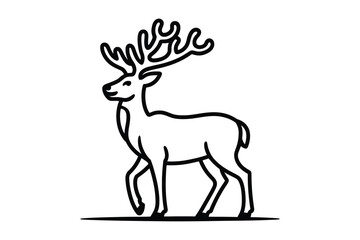 Black and white outline illustration of a deer with large antlers walking
