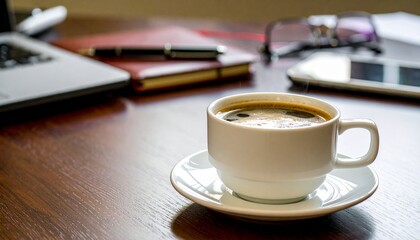 Steaming cup of espresso on professional desk setup with notebooks and pens