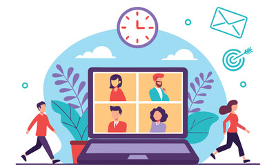 Diverse team members connect through a video conference call on a laptop symbolizing remote work collaboration and digital communication