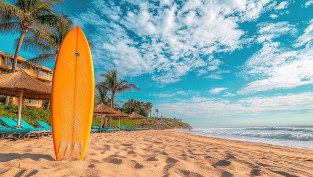 Orange surfboard on tropical beach. Bright sunny day with palm trees, beach umbrellas, and ocean waves