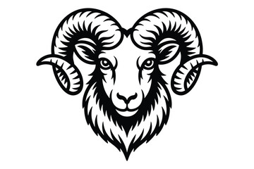 Black and white ram head illustration with curved horns and detailed fur 1