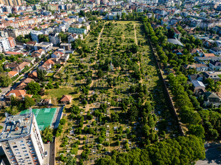 Novi Sad, Serbia - June 27, 2025: Aerial view of Old Catholic cemetery in Novi Sad