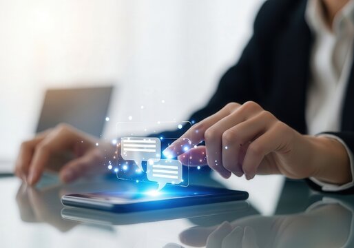 Businesswoman interacting with virtual chat icons on smartphone at work desk