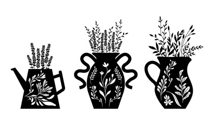 Modern pottery design, houseplants, ceramics illustration. Isolated vector graphic. Botanical silhouette in decorative vessels.