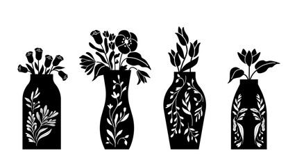 Modern pottery design, houseplants, ceramics illustration. Isolated vector graphic. Botanical silhouette in decorative vessels.